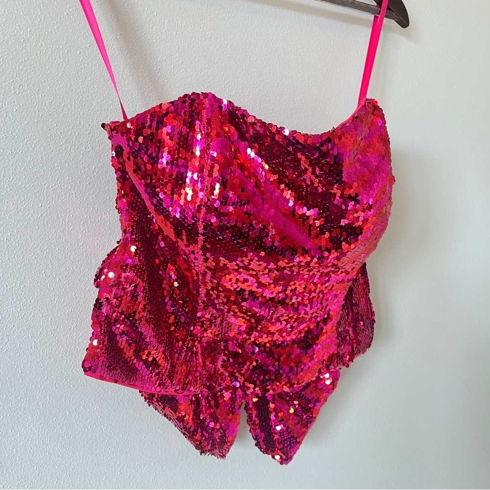 Hutch Hot Pink Delphine Sequin Bow Strapless Top w/ Sweetheart Neckline & Boning - Picture 9 of 16